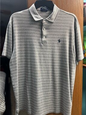 Ralph Lauren Gray Striped Polo Shirt Men’s Large Golf Shirt Classic Fit
